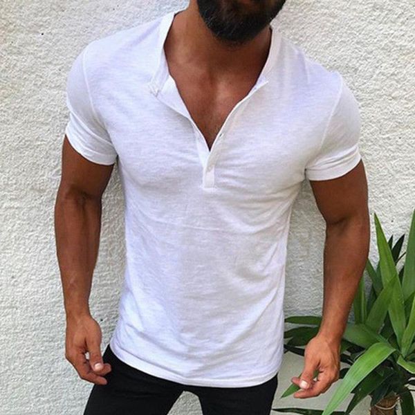 

men's t-shirts stylish button neck solid colour tshirt short sleeve slim fitness tee shirt men summer clothing t-shirt male, White;black