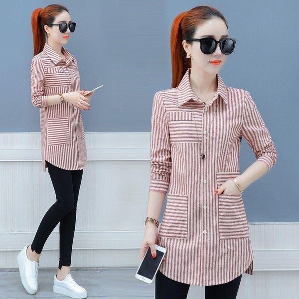 

women's blouses & shirts cotton 100% striped women summer vintage turn-down collar long-sleeved casual all match female outwear, White