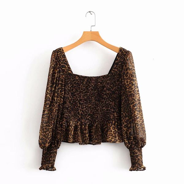 

new women vintage square collar leopard print casual chiffon smock shirt blouses women elastic roupas chic femininas ls6328, White