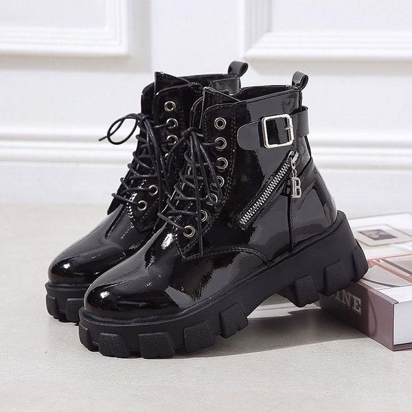

boots 2021 mid-calf booties black platform combat ankle for women lace up buckle strap female winter biker big size