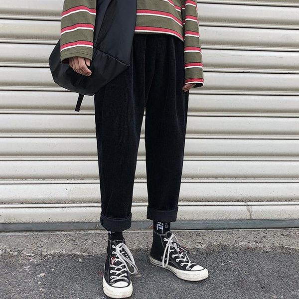 

men's pants spring corduroy men fashion retro solid color casual trousers man streetwear hip hop loose straight cotton male, Black