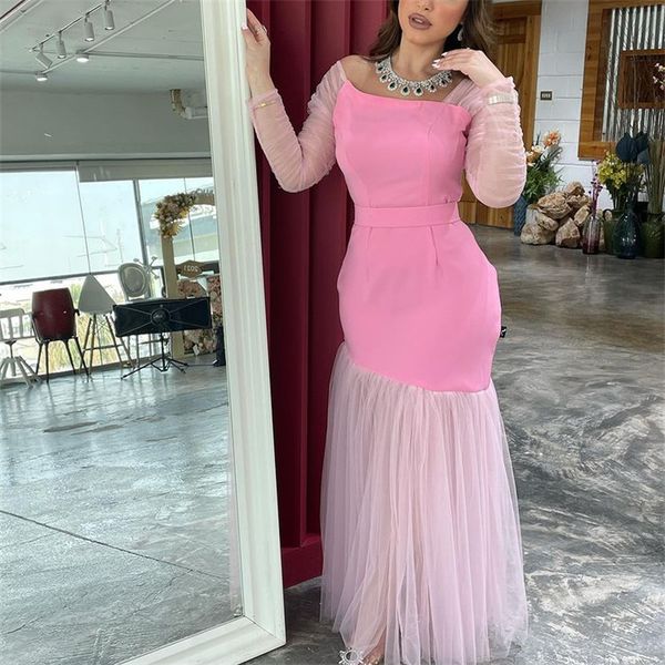 

square collar mermaid evening dresses 2022 with sash tulle pleat long sleeves robe de soiree de mariage party gowns, Black;red