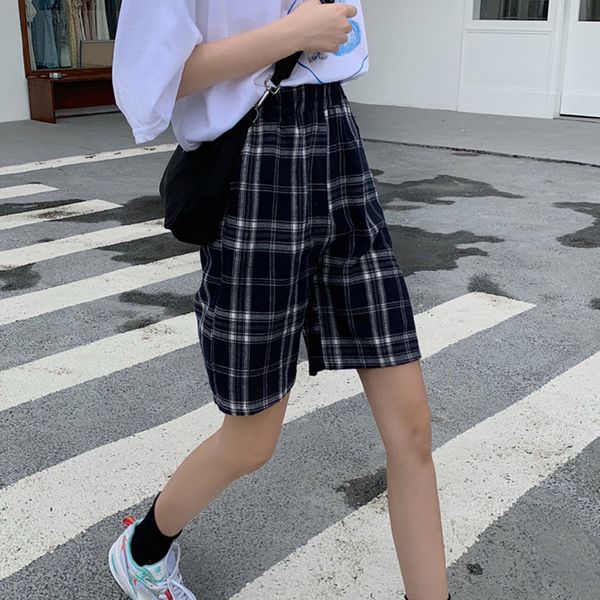 

2021 new harakuju summer high elastic waist shorts fashion girls streetwear wide leg plaid pants womens (f4009) 40yo, Black;white