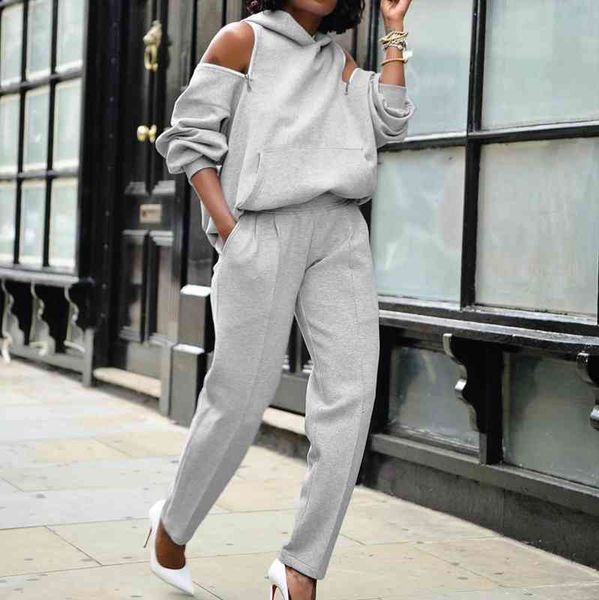 

autumn long sleeve open womens pants back off-shoulder hooded hoodie suit, White