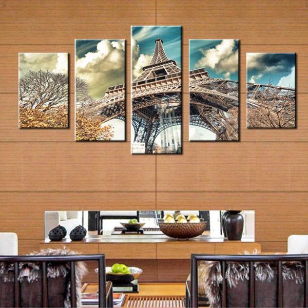 Altre decorazioni per la casa Immagini su tela Decorazione 5 pannelli Torre Eiffel Edificio Stampe Poster Parete modulare per soggiorno Cornice per pittura