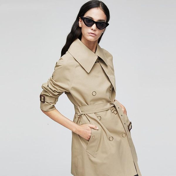 

women's trench coats 2021 metal snap button loose and comfortable slim thin temperament elegant mid-length coat women, Tan;black