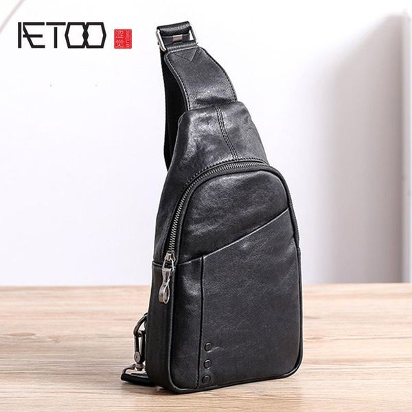 

HBP AETOO Chest Bag, Men's Leather Casual One-shoulder Slanted Bag, Trend Head Leather Men's Small Bag, Black