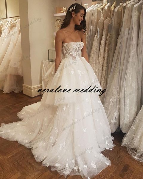 

strapless wedding dress a line tulle lace appliques bridal gowns country garden bride gowns robes de mariÃ©e, White