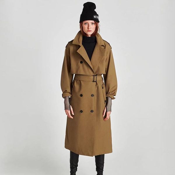 

women's trench coats european and american long-sleeved long windbreaker double layer with shawl belt khaki neutral wind jacket, Tan;black