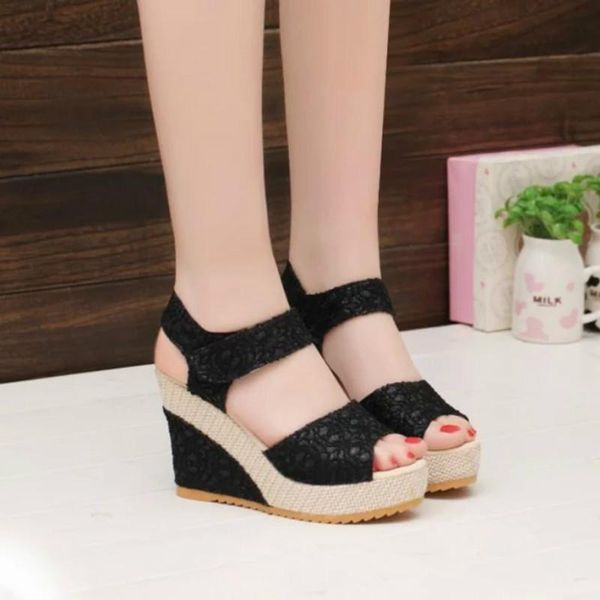 

shoes women sandals summer new open toe fish head fashion platform high heels wedge female increase, Black