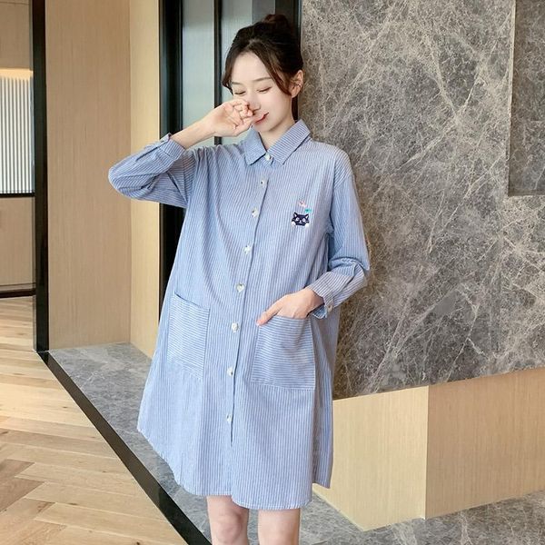 

maternity dresses 2021 embroidery striped dress blouses spring autumn shirts clothes for pregnant women pregnancy clothings, White