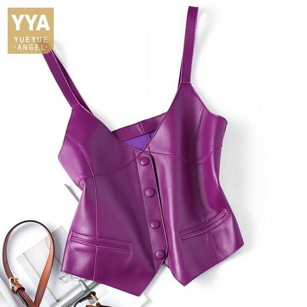 

women's vests streetwear sleeveless cropped women v neck single breasted slim fit waistcoat sheepskin genuine leather tank ves, Black;white