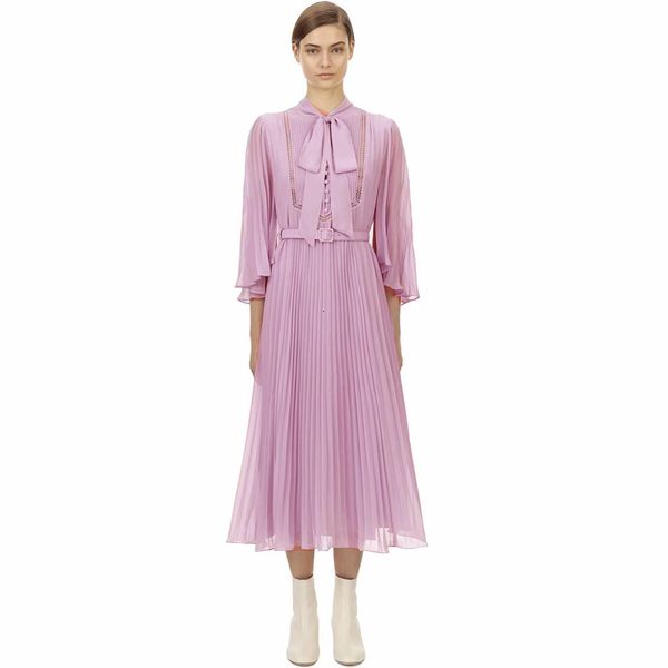 

runway spring autumn new style women's bow ribbon streamer fashion party slim fit pleated midi dress licd, Black;gray