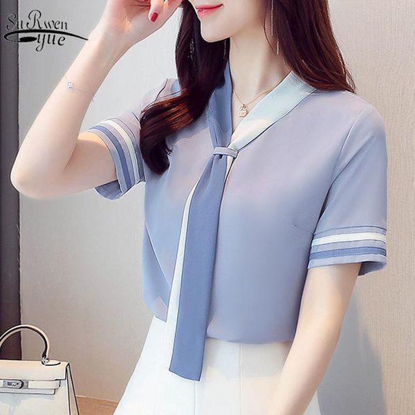 

solid short sleeve chiffon blouse koran women and blouse blusas mujer de moda 2021 summer elegant clothes 9565, White