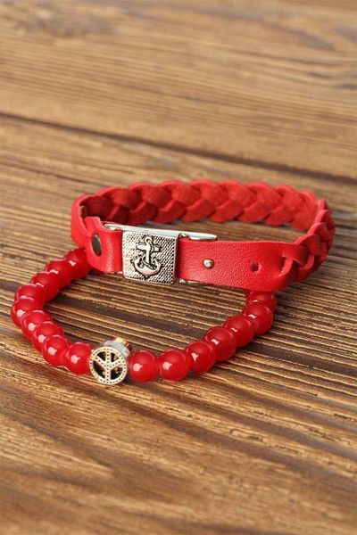 

earrings & necklace red color beaded braid men bracelet kombin, Silver