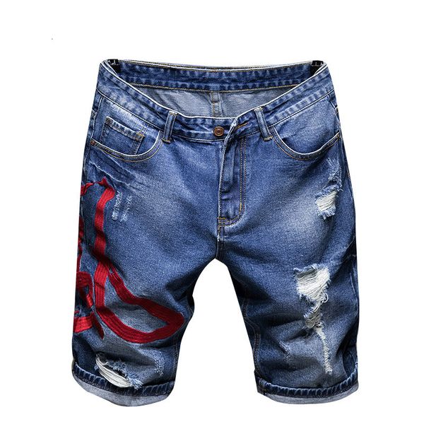 

new chinese fashion torn embroidery shorts will see ripped holes in knee height straight jeans cdik, Blue