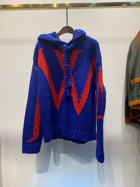 

21 autumn and winter niche hooded sweater fashion brand sapphire blue couple knitted wool drawstring contrast color sweatshirt, White;black