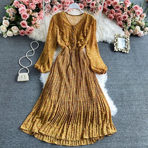 

2021 vintage women pleated elegant v-neck single breasted long sleeve ruffle draped midi vestidos female spring autumn sbv4, Black;gray