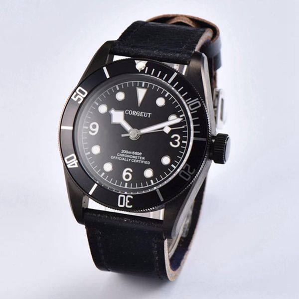 

wristwatches 41mm black pvd case sapphire glass dial leather strap japan miyota automatic men wriswatch, Slivery;brown