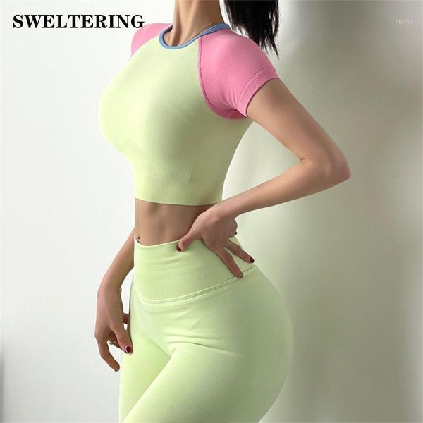 

yoga outfit seamless gym set women fitness workout clothes sports suits high waist leggings+short sleeve 2 pieces sportswear