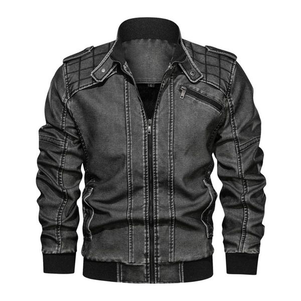 

men's fur & faux men washed leather jacket fashion motorcycle winter plus velvet vintage pu sportswear suits size 5xl, Black