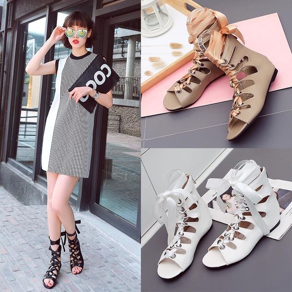 

boots 2021 summer women ankle sandals pu leather open toe roman gladiator hollow cross lace-up flat, Black