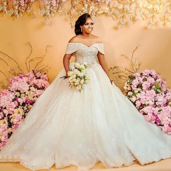 Glitter lantejoulas aso ebi estilo bll vestido de casamento vestidos fora do ombro frisado cristais plus size rendas até voltar vestidos de noiva robe de mariage 322