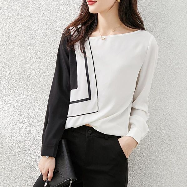 

women's blouses & shirts ljsxls women shirt color contrast skew collar femme long sleeve white chiffon blusas y camisas spring autumn