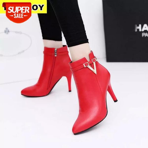 

2019 spring autumn stiletto thin high heels pointed toe faux leather zipper style ankle womens boots bota feminina #pn1u, Black