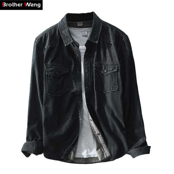 

brother wang brand spring men's casual black denim shirt 100 cotton fashion slim long sleeve shirts male clothes 210628, White;black