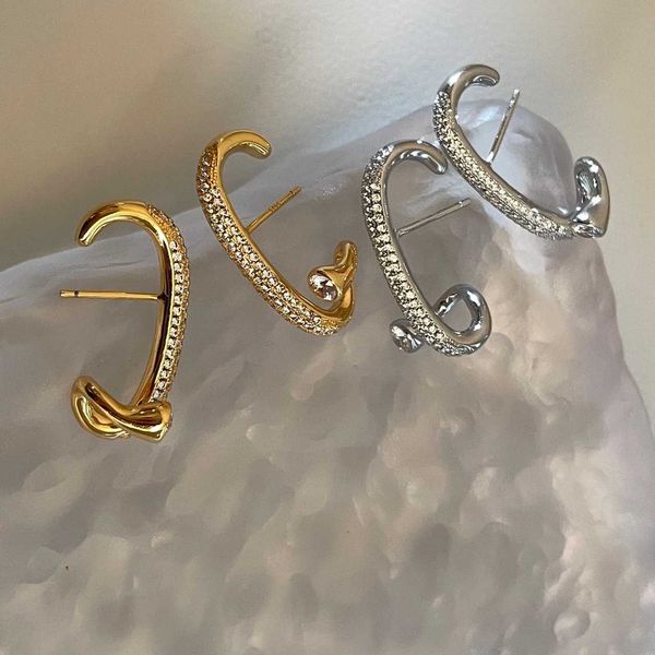 

french luxury design small crowd inlaid diamond exquisite half ring hook gold earrings allergy f3-2, Silver