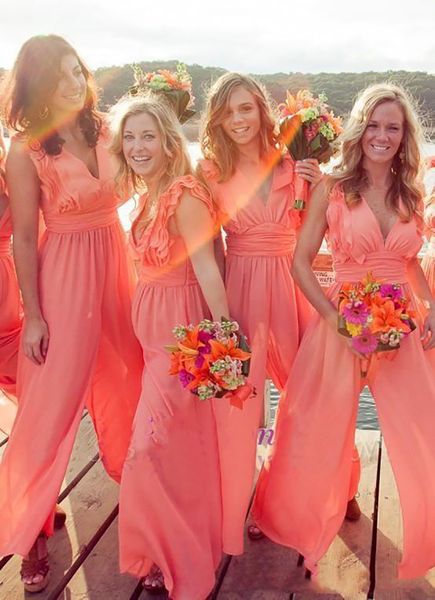 

2021 new arrival chic chiffon coral bridesmaid dresses long jumpsuits v neck plus size beach wedding guest dress party prom dresses, White;pink