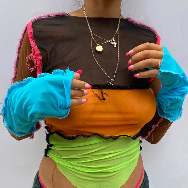 

women striped patchwork ribbons femme t-shirts 2020 autumn o-neck long sleeve neon color casual streetwear fashion outfit c0220, White