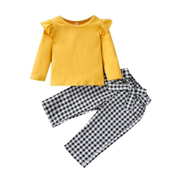 

clothing sets girls clothes set solid color long flying sleeve o-neck +plaid print trousers with waistband, White