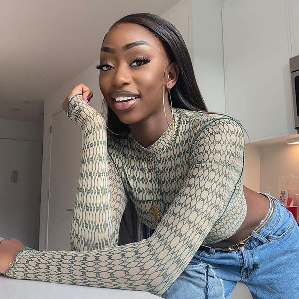 

s-l women mock neck crop stylish long sleeve t shirts lettuce trim slim fit sheer mesh see-through tee turtleneck, White