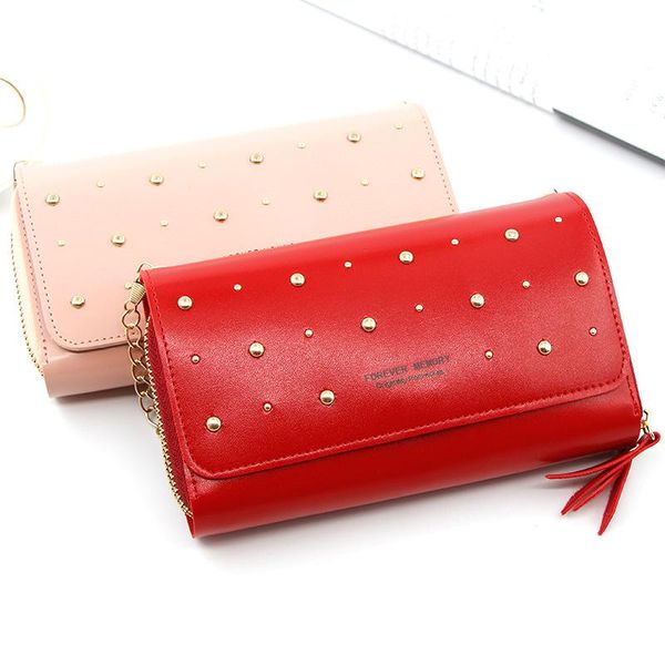 

wallets monnet cauthy long wallet large capacity multiple card slots two zipper rivet purse red pink grey green black fashion, Red;black