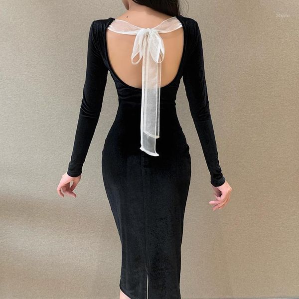 

casual dresses woman dress backless party bodycon dresse for women autumn o neck long sleeve patchwork bowknot slim women's clothing, Black;gray