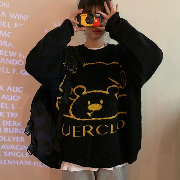 

2021 new autumn college style loose casual long-sleeved cartoon bear jacquard knitted round neck sweater simple personality 37nr, White;black
