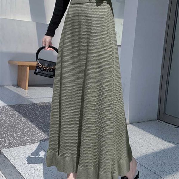 

tigena knitted maxi skirt women autumn winter korean vintage solid a line high waist long female green gray black 211124