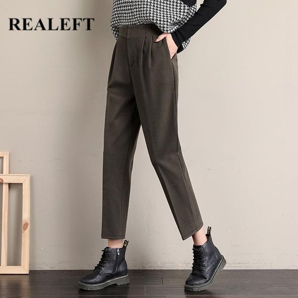 

women's pants & capris realeft 2021 autumn winter woolen formal harem elatic waist button office lady loose ankle-length pant pockets, Black;white