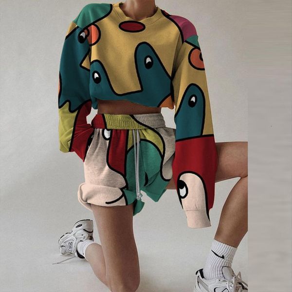 

plus size sets tracksuit sports womens tracksuits 2 pieces set spring loose print pullover hight waist short pants women, Gray