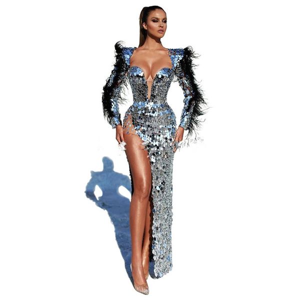 

sparkly sequins evening dresses black feather high split side mermaid robe de soiree prom dresses woman party night gowns