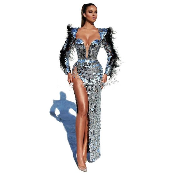 Sparkly Pailletten Abendkleider Schwarz Feder Sexy High Split Side Meerjungfrau Robe De Soiree Prom Kleider Frau Party Nacht Kleider