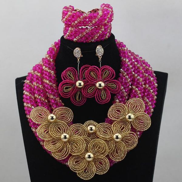 

earrings & necklace s nigerian wedding african beads pink crystal jewelry sets mix gold flowers broaches set hx965, Silver