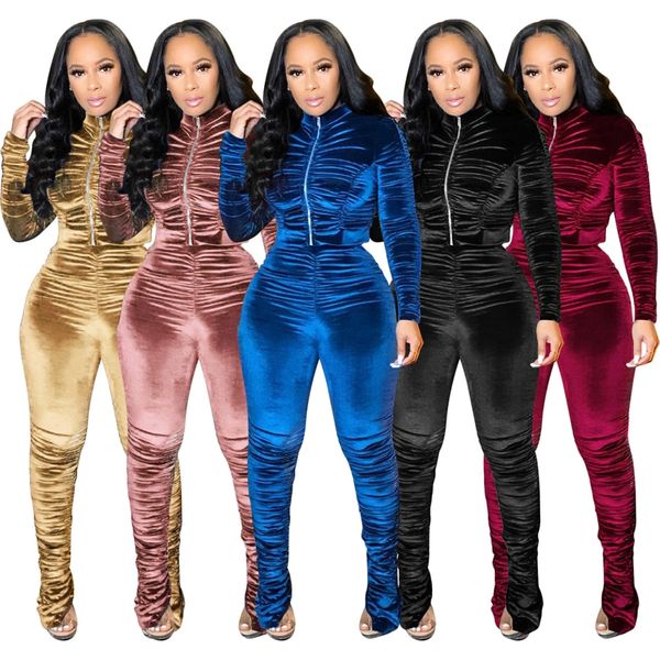 

velvet winter two piece set women tracksuit festival clothing bodysuit folds stacked pants suit club outfits, White