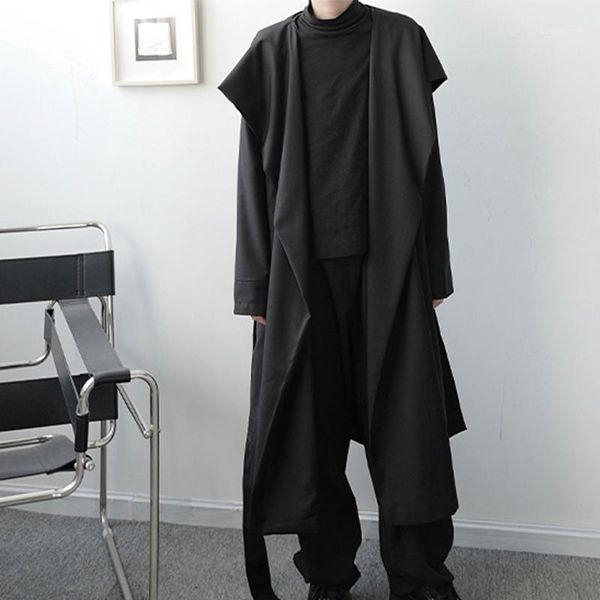 

men's trench coats autumn winter designer's abstinence wizard hat medium long windbreaker fashion cape unbuttoned over the knee ja, Tan;black