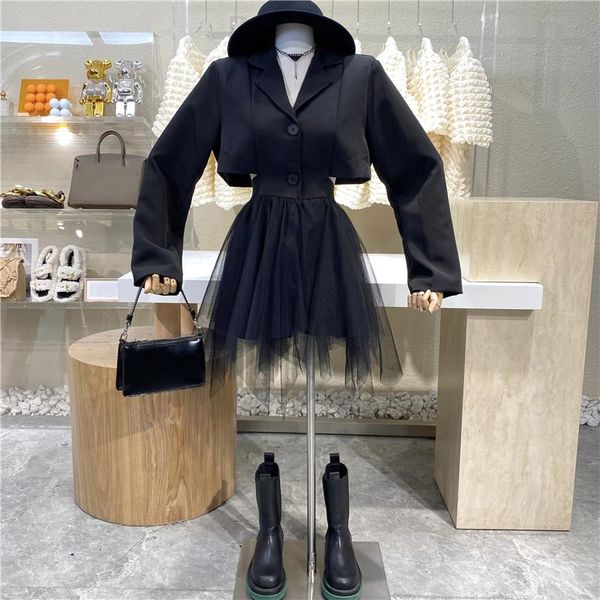 

casual dresses brand original design 2021 super fairy hollowed out open waist hepburn stitched mesh suit skirt foreign style fashion dress, Black;gray