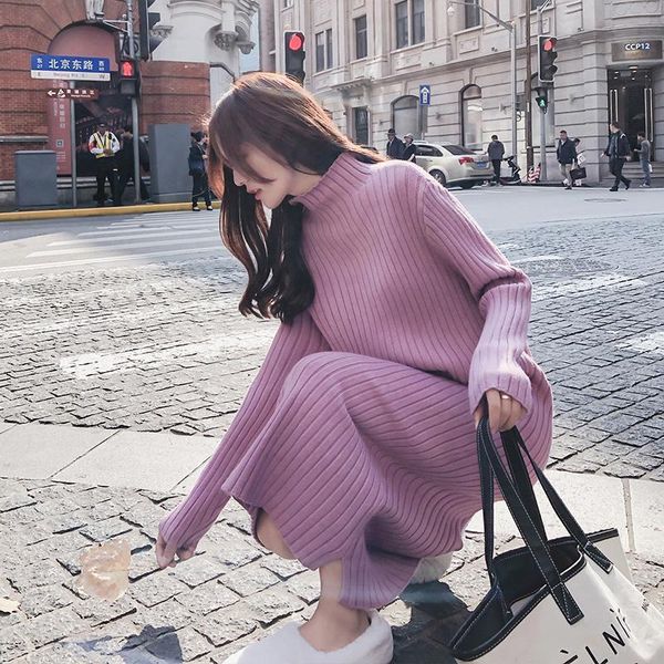 

casual dresses women autumn winter loose thick korean style knitted female solid sweater dress ladies fashion mid-calf p79, Black;gray