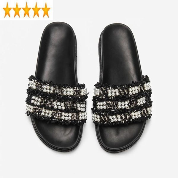 

sandal women open toe summer tweed pearls string bead mary jane flat shoes outside ladies elegant slides fashion casual sandals, Black