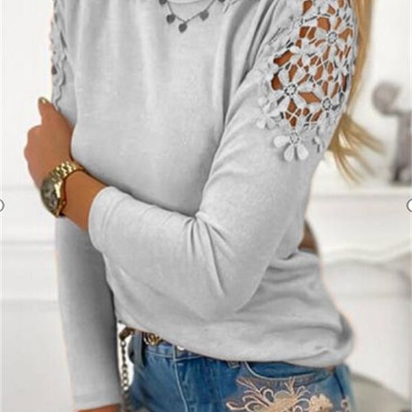 

tees women's t-shirt spring 2021 solid slim lace hollow long sleeve t-shirt, White